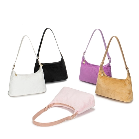 Plush Underarm Shoulder Bag Faux Fur Hobo Bag Solid Color Zipper Soft Winter Handbag Y2K Style For Women