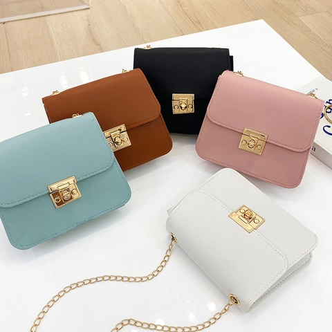 Women Small Square Crossbody Bag PU Leather Golden Metal Lock Chain Strap Minimalist Fashion Shoulder Bag Trendy