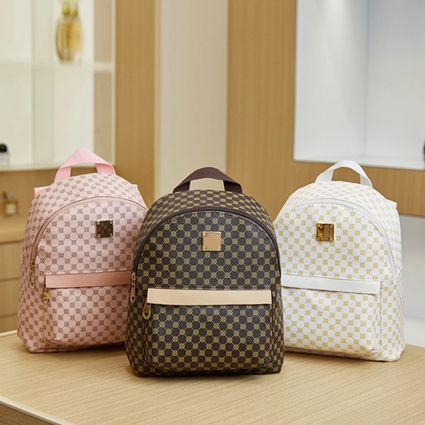 Petit Sac À Dos Mode Femme Cuir PU Imprimé Monogramme Géométrique Style Rétro Décontracté Voyage Sac À Bandoulière Matériel Doré