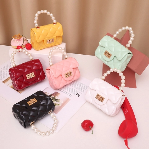 Mini Gelee Umhängetasche Gesteppte PVC Handtasche Mit Künstliche Perlengriff Und Metallkette Schultergurt Schloss Mode Frauen