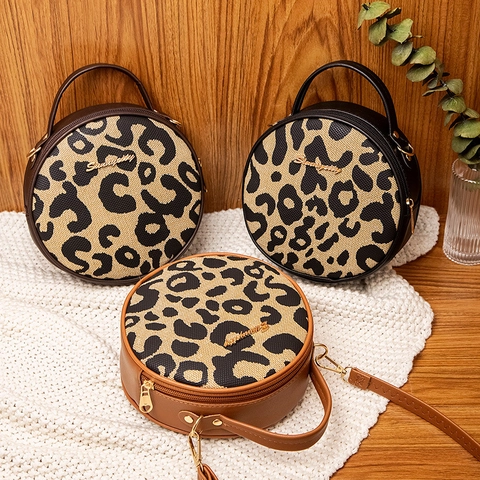 Leopard Print Rund Umhängetasche Retro PU Leder Kreis Handtasche Damen Vintage Schultertasche Mit Griff