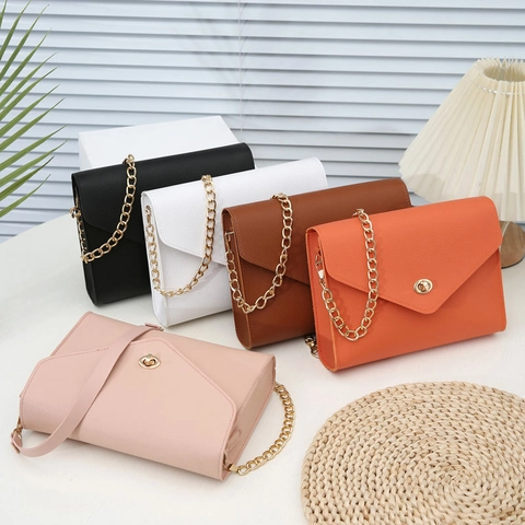 Bolso De Hombro Sobre Cuero PU Textura Lichi Bolso Bandolera Cadena Metal Cierre Giratorio Color Sólido Moda Mujer