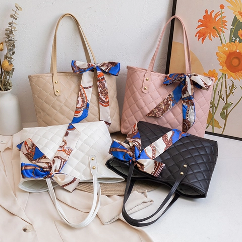 Dames PU Lederen Tote Tas Gewatteerd Handtas Met Satijnn Sjaal Grote Capaciteit Elegante Schoudertas