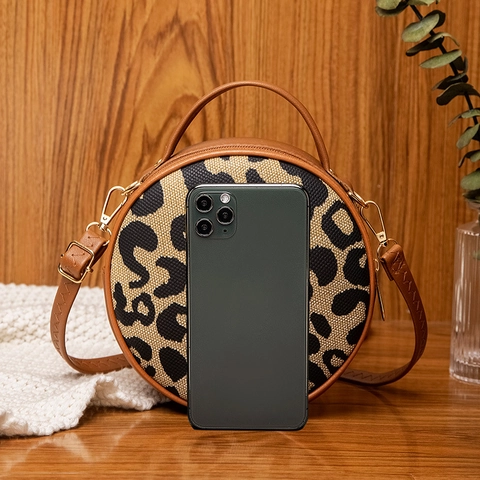 Leopard Print Rund Umhängetasche Retro PU Leder Kreis Handtasche Damen Vintage Schultertasche Mit Griff