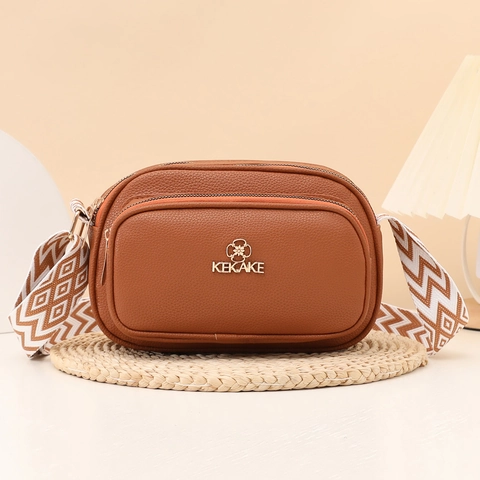 Women Crossbody Camera Bag Litchi Grain PU Leather With Wide Geometric Strap Double Zipper Fashion
