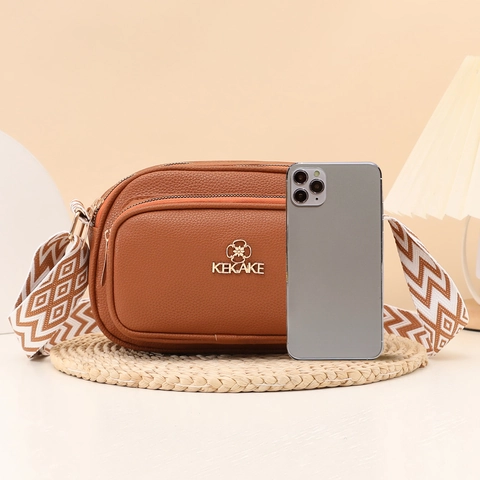 Women Crossbody Camera Bag Litchi Grain PU Leather With Wide Geometric Strap Double Zipper Fashion