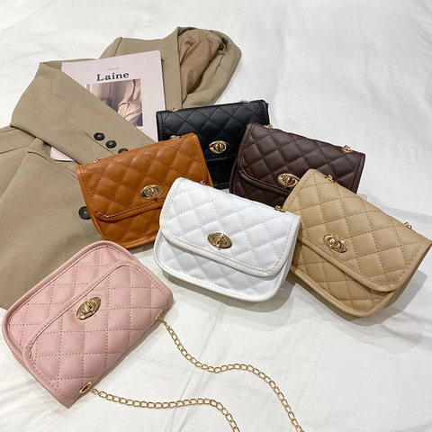 Women Quilted PU Leather Shoulder Bag Small Square Crossbody Messenger Bag With Gold Chain Strap And Turn Lock Closure