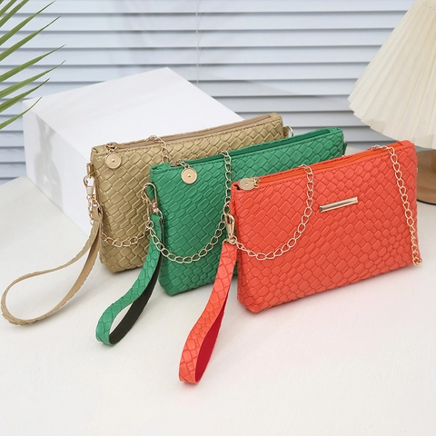 Damen Gewebte Clutch Tasche PU Leder Kleine Quadratische Tasche Mit Kettengurt Handgelenkschlaufe Reißverschluss Schicke Abendtasche