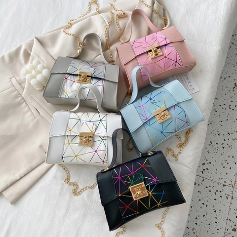 Women Shoulder Bag PU Leather Geometric Rainbow Laser Pattern Gold Chain Strap Handbag Small Square Crossbody Bag
