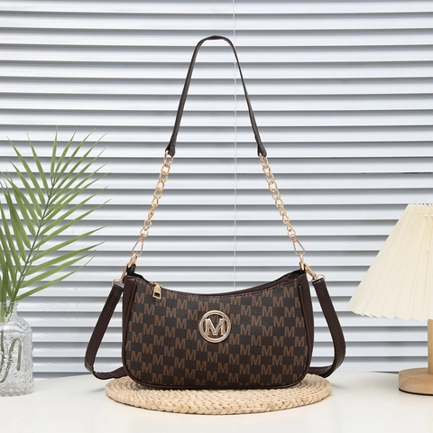 Women Vintage Monogram PU Leather Crossbody Bag Gold Chain Strap Letter M Print Half Moon Hobo Shoulder Bag