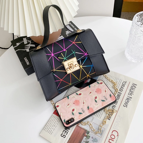 Women Shoulder Bag PU Leather Geometric Rainbow Laser Pattern Gold Chain Strap Handbag Small Square Crossbody Bag