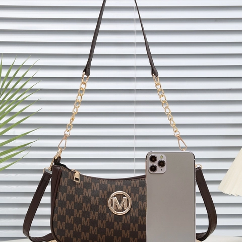 Women Vintage Monogram PU Leather Crossbody Bag Gold Chain Strap Letter M Print Half Moon Hobo Shoulder Bag