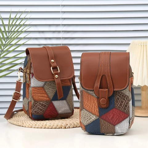 Vintage Colorblock Patchwork PU Leather Crossbody Phone Bag Multi Compartment Zipper Adjustable Strap Trendy For Women