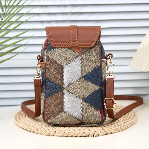 Vintage Colorblock Patchwork PU Leather Crossbody Phone Bag Multi Compartment Zipper Adjustable Strap Trendy For Women