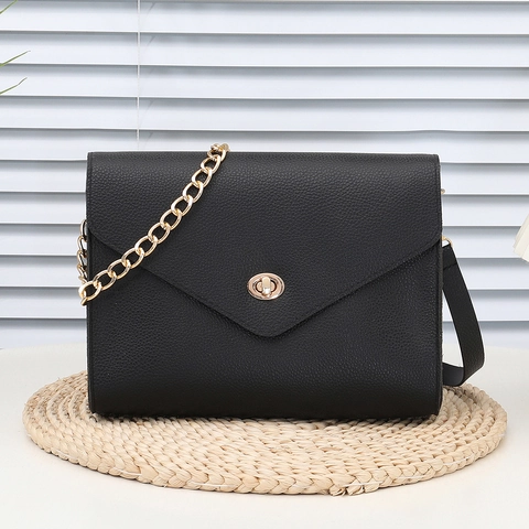 Women Faux Leather Shoulder Bag Lychee Texture Envelope Crossbody With Gold Chain Strap Rotating Lock Chic Square Purse