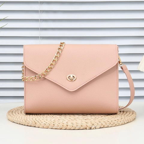 Women Faux Leather Shoulder Bag Lychee Texture Envelope Crossbody With Gold Chain Strap Rotating Lock Chic Square Purse