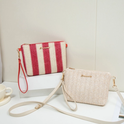 Gewebte Umhängetasche Stroh Umschlag Clutch Sommer Strand Schultertasche PU Lederriemen Gestreifte Mode Handtasche Damen