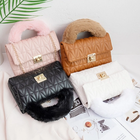 Borsa A Mano Quadrata In Pelle PU Trapuntata A V Da Donna Con Manico In Pelliccia Sintetica Catena In Metallo Dorato Borsa A Tracolla Piccola Serratura