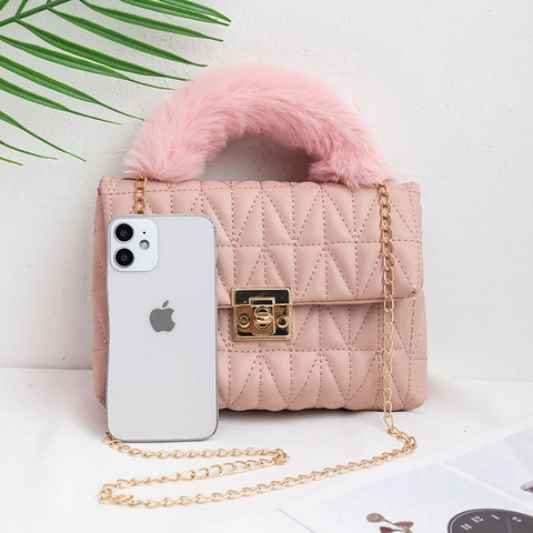 Borsa A Mano Quadrata In Pelle PU Trapuntata A V Da Donna Con Manico In Pelliccia Sintetica Catena In Metallo Dorato Borsa A Tracolla Piccola Serratura