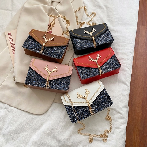 Borsa A Tracolla Donna Pelle PU Patchwork Paillettes Catena Dorata Hardware Testa Di Cervo Nappa Moda
