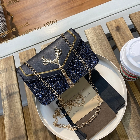 Borsa A Tracolla Donna Pelle PU Patchwork Paillettes Catena Dorata Hardware Testa Di Cervo Nappa Moda