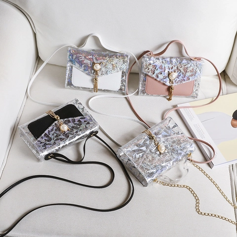 Women Mini Shoulder Crossbody Bag Transparent Holographic PVC Geometric Sequin With Artificial Pearl Tassel Fashion Square Handbag
