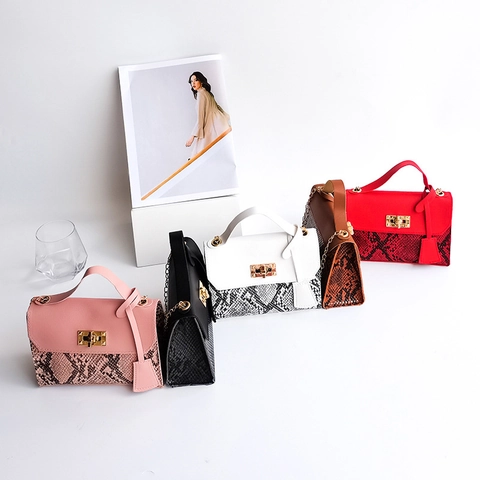 Women Shoulder Bag PU Leather Snake Skin Patchwork Metal Chain Turn Lock Top Handle Small Square Fashion Bag Ladies