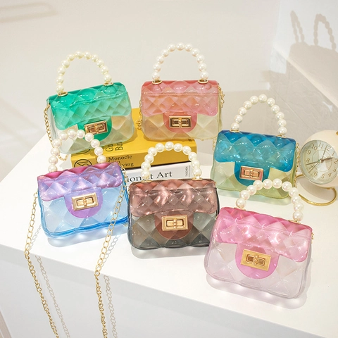 Mini Umhängetasche Transparente PVC Jelly Handtasche Künstliche Perlenhenkel Gestepptes Muster Farbverlauf Goldene Kette Drehverschluss