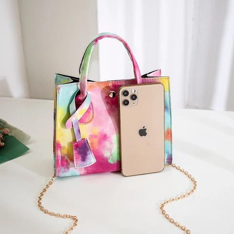 Mini Borsa Tote Da Donna Pelle PU Lucida Stampa Tie Dye Doppi Manici Tracolla In Catena Di Metallo Borsa A Mano