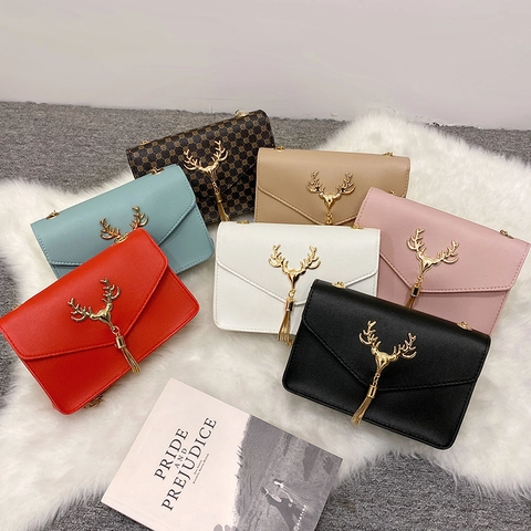 Women Shoulder Bag PU Leather Gold Deer Head Tassel Envelope Small Square Crossbody Purse Chain Strap Elegant