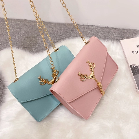 Women Shoulder Bag PU Leather Gold Deer Head Tassel Envelope Small Square Crossbody Purse Chain Strap Elegant