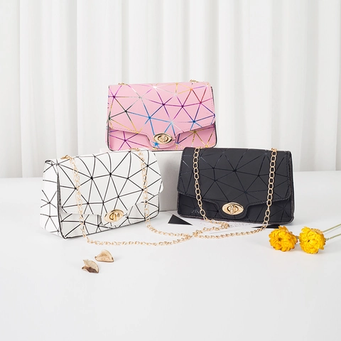 Geometric Triangle Pattern PU Leather Women Crossbody Bag Gold Chain Strap Twist Lock Small Square Shoulder Bag Fashion