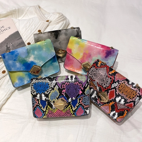 Women Shoulder Bag PU Leather Snake Print Marble Tie-Dye Chain Strap Crossbody Small Square Handbag