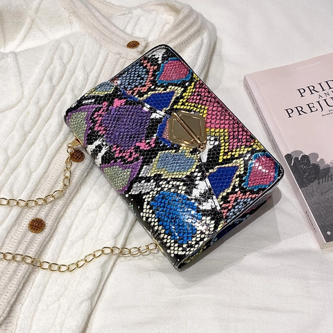 Women Shoulder Bag PU Leather Snake Print Marble Tie-Dye Chain Strap Crossbody Small Square Handbag