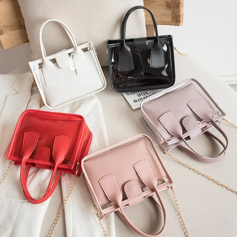 Transparentes PVC Gelee Tasche Für Damen Mit PU Leder Innentasche Metall Kettenriemen Nische Quadratische Handtasche