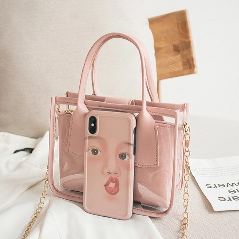 Transparentes PVC Gelee Tasche Für Damen Mit PU Leder Innentasche Metall Kettenriemen Nische Quadratische Handtasche