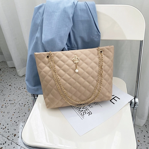 Bolso De Hombro Acolchado Para Mujer Cuero PU Rombos Cadena Dorada Corona Perla Artificial Gran Capacidad Tote