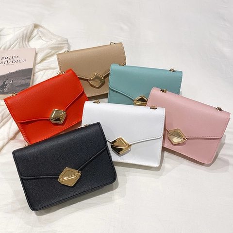 Mini Crossbody Bag PU Leather Small Square Shoulder Purse With Gold Metal Chain Link And Geometric Lock For Women