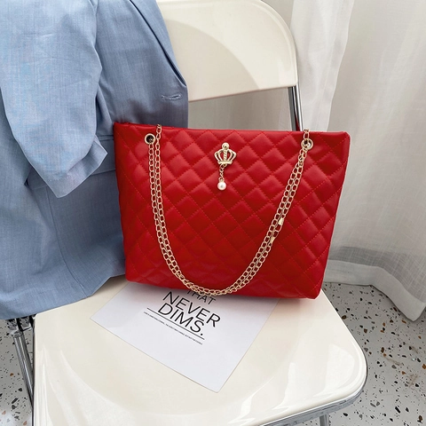 Bolso De Hombro Acolchado Para Mujer Cuero PU Rombos Cadena Dorada Corona Perla Artificial Gran Capacidad Tote