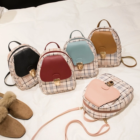 Mini Backpack Women Plaid PU Leather Small School Bag Multi-Functional Crossbody Shoulder Bag With Earphone Hole Retro
