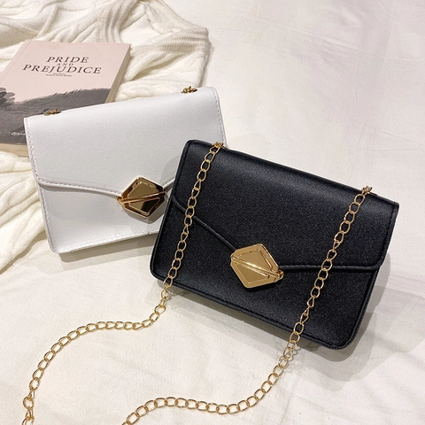 Mini Crossbody Bag PU Leather Small Square Shoulder Purse With Gold Metal Chain Link And Geometric Lock For Women