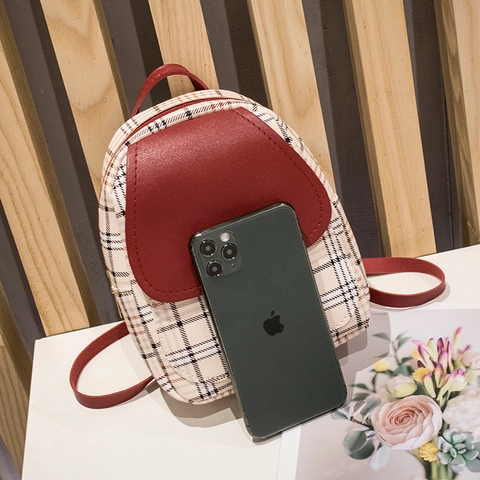 Mini Backpack Women Plaid PU Leather Small School Bag Multi-Functional Crossbody Shoulder Bag With Earphone Hole Retro