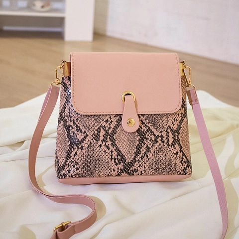 Women Snake Print Patchwork Shoulder Crossbody Bag PU Leather Mini Bucket Purse With Adjustable Strap Fashion