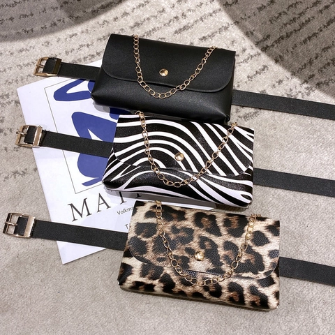 Mini Riñonera Mujer Cuero PU Estampado Leopardo Cebra Cadena Bolso De Hombro Tendencia Sobre Cinturón Versátil