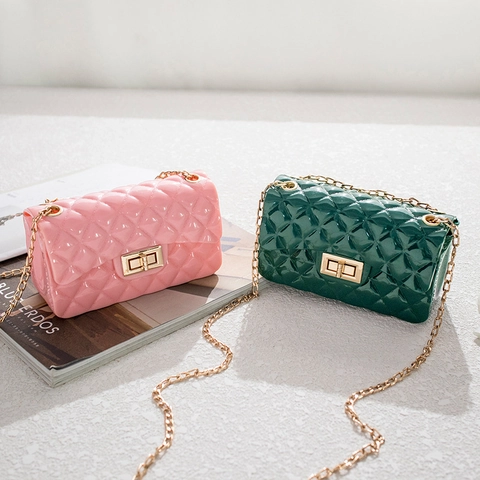 Quilted Jelly Shoulder Bag PVC Waterproof Chain Strap Crossbody Handbag For Women Chic Small Square Bag With Twist Lock