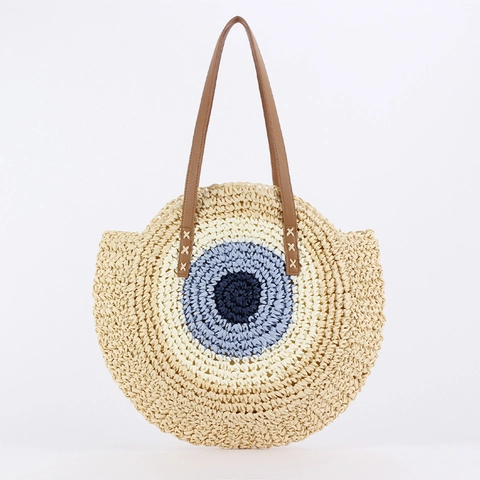 Bolso De Hombro Redondo De Paja Tejida Para Mujer Gran Capacidad Patrón De Ojo Turco Playa Vacaciones Cuerda Papel Cuero PU