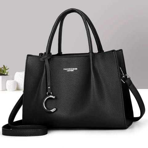 Women Tote Handbag Large Capacity Lychee Pattern PU Leather Shoulder Bag With Removable Strap And Metal C Pendant