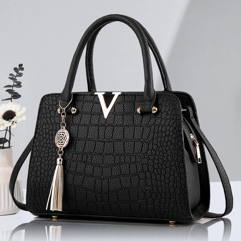 Dames Handtas Krokodillenpatroon PU Leer V Metalen Decor Kwastje Hanger Handvat Schoudertas Crossbody Elegant Woonwerk