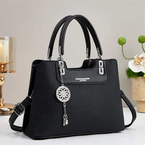Gewebte Textur PU Leder Handtasche Damen Elegante Top Handle Tote Bag Mit Metallanhänger Verstellbarer Schultergurt Reißverschluss