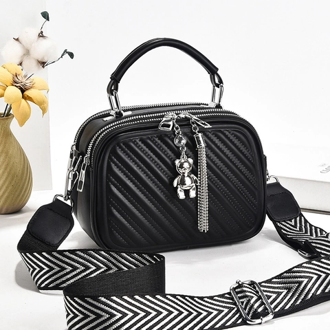 Women Quilted PU Leather Crossbody Bag Multi Pocket Shoulder Handbag With Wide Patterned Strap Bear Charm